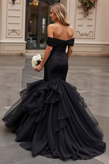 Ruffled Mermaid Off The Shoulder Black Wedding Dress